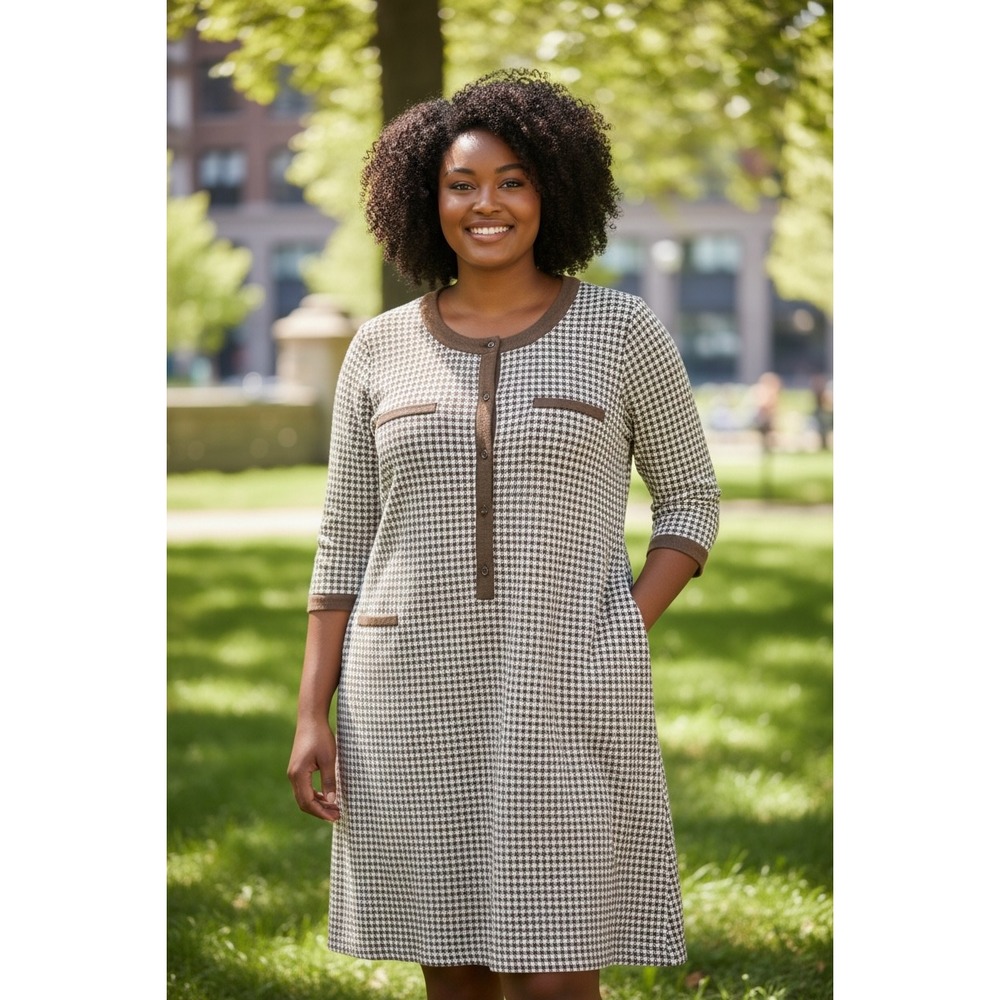 Talbots Plus Womens 2X Houndstooth Knit Dress Brown Cream 3/4 Sleeve NEW